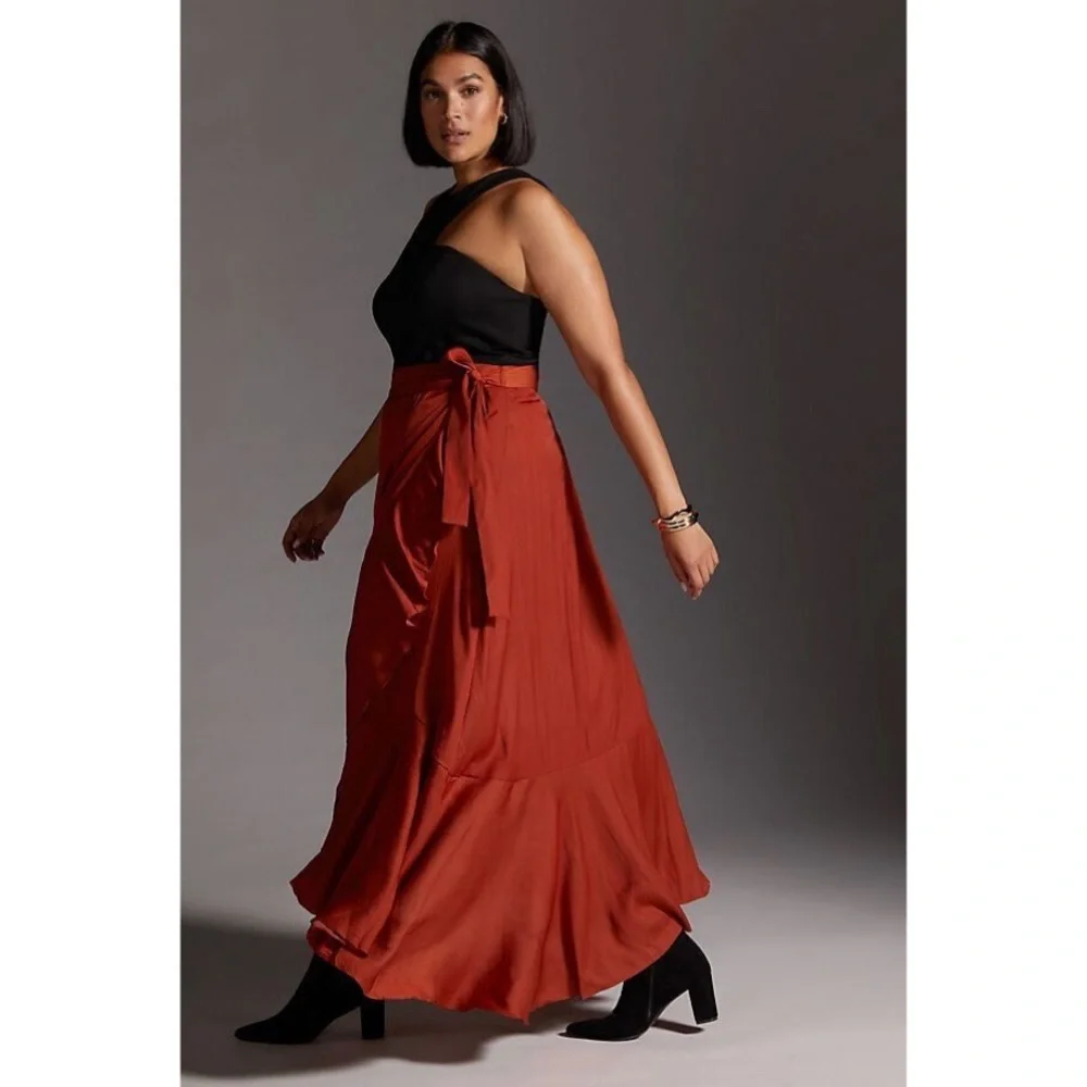 Anthropologie Maeve Ruffled Wrap Maxi Skirt Dark Orange Size 1X NWT